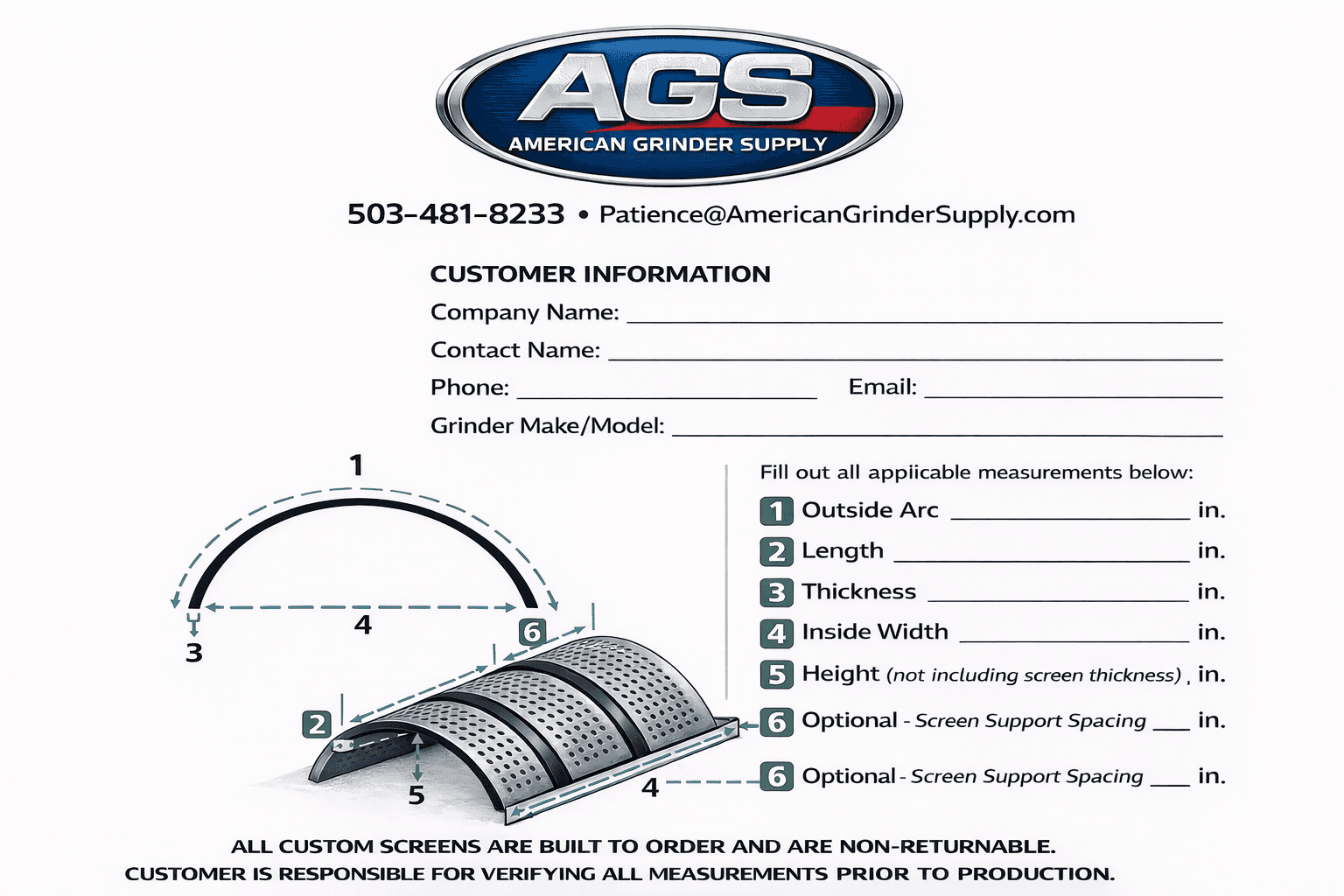 AGS grinder screen measurement form — thickness, length, arc
